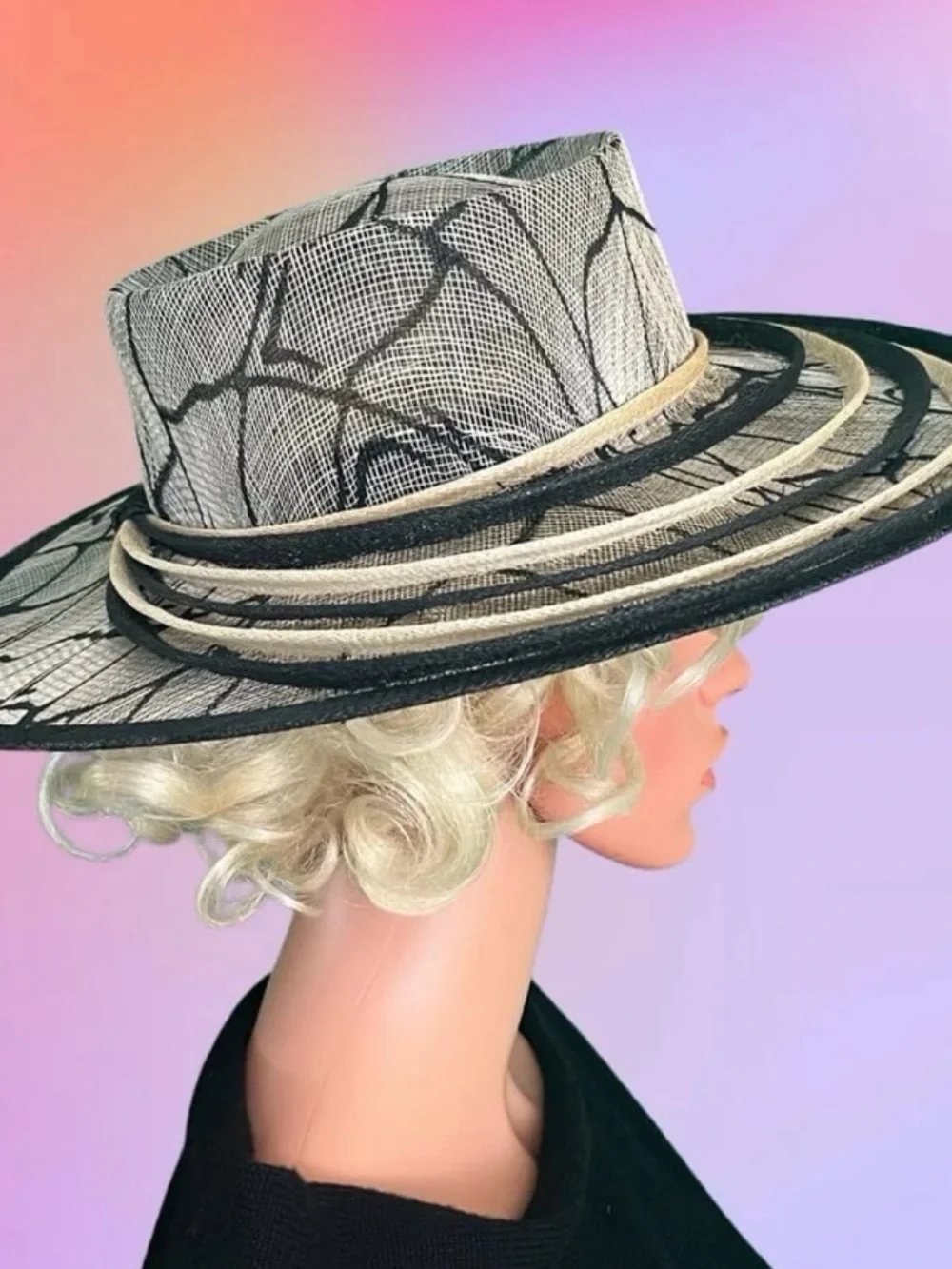 Soprattutto Cappelli Italy Black Ivory Sisal Wide Brim Derby Church Hat M